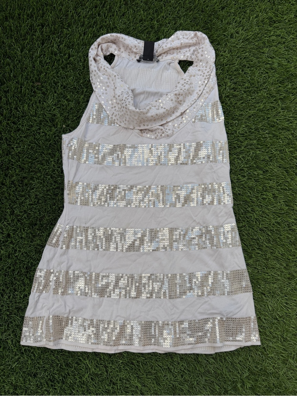 White House Black Market White Sequin Stripe Cowl Neck Tank